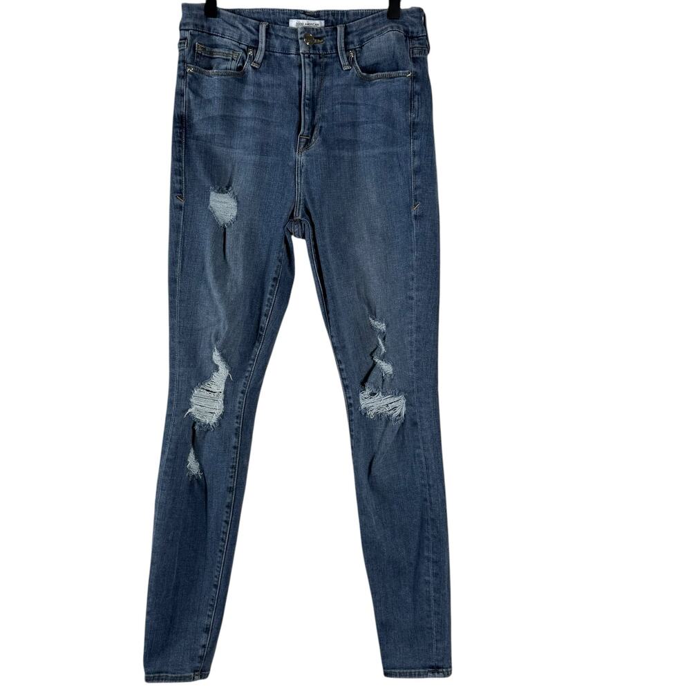 Good American Women's Blue Stretch Distressed High Rise Skinny Jeans Size 6/28